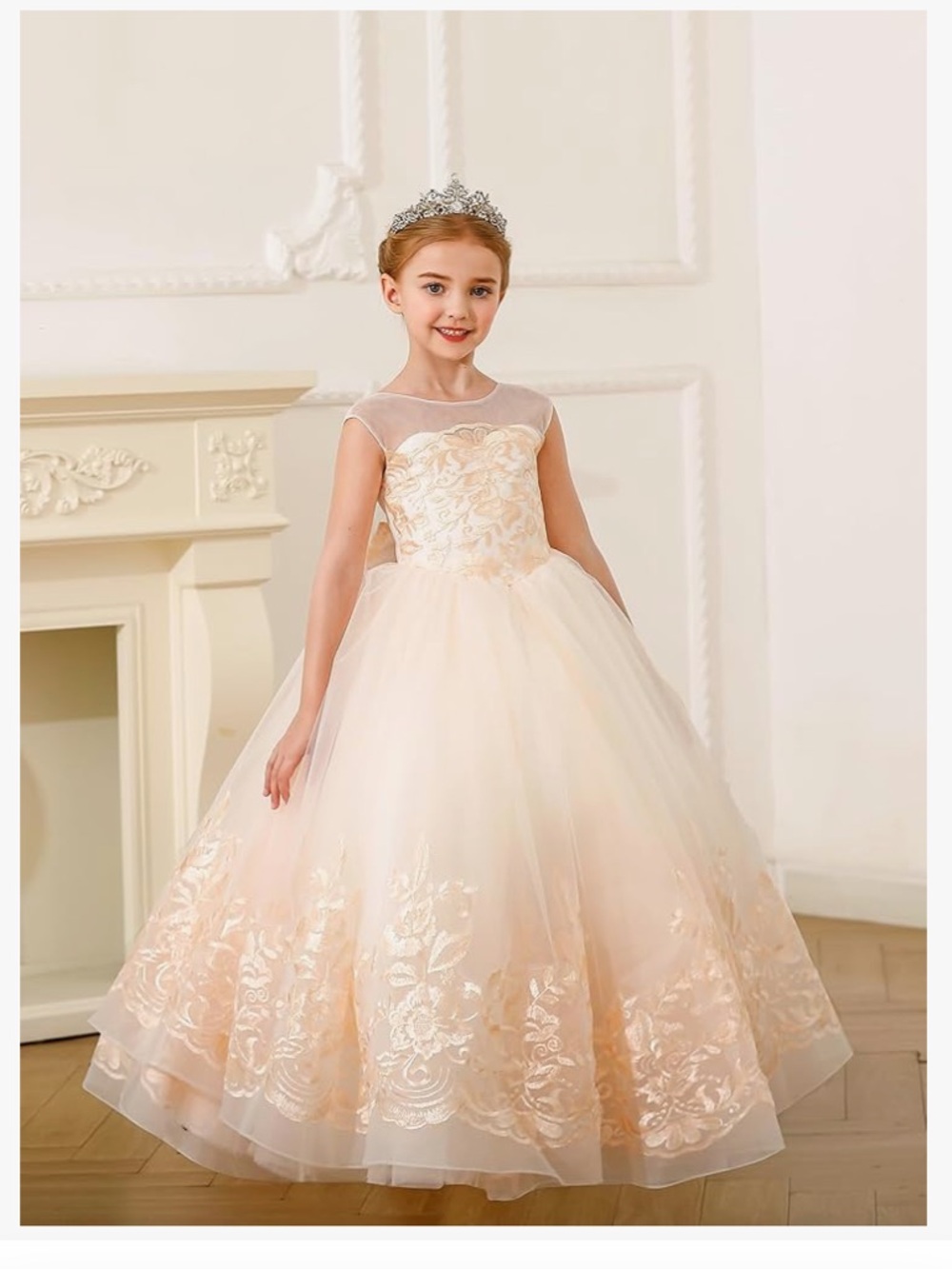 Girls Champagne Lace Pageant Ball Gown